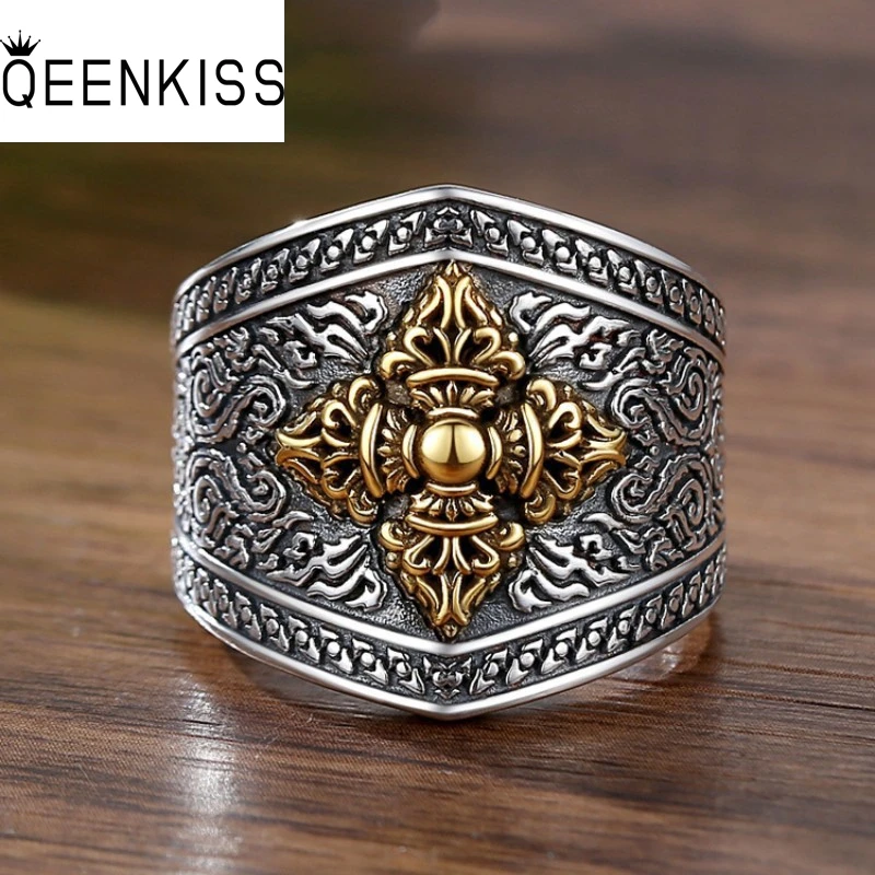 QEENKISS 925 Sterling Silver Vintage Cross Rings for Men Male Birthday Wedding Party Christmas Boyfriend Father Gifts RG7008