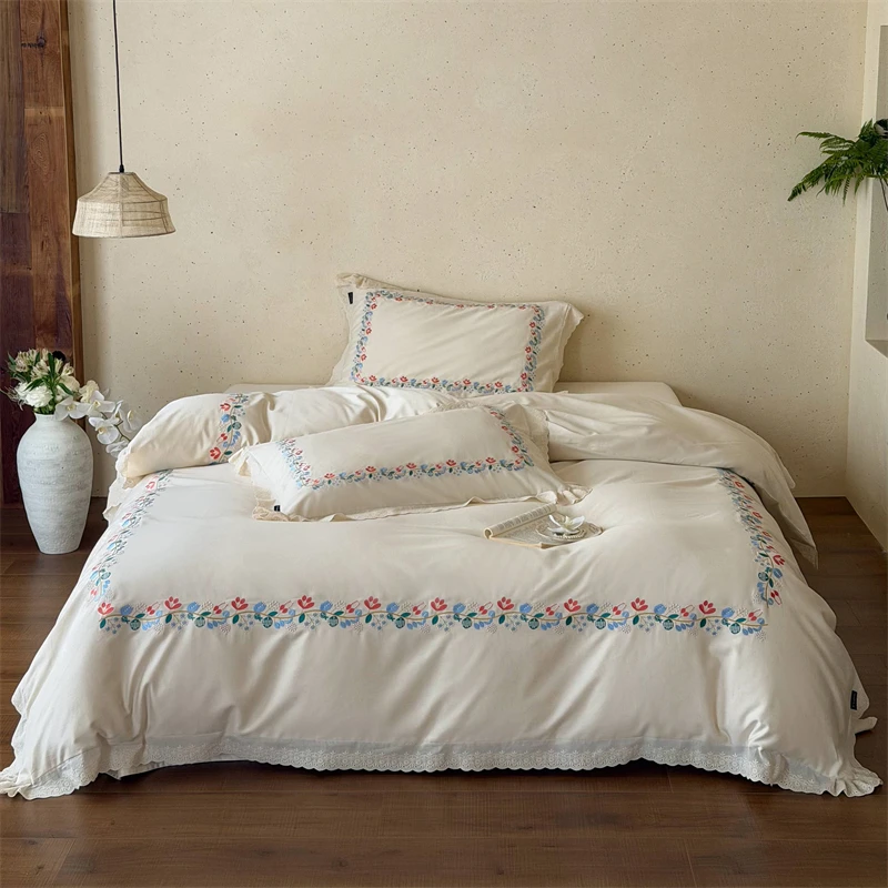 Cotton Linen Blend Bedding Set, Vintage Floral Embroidery Duvet Cover with Lace Trim, Queen King Size Bed Linen for Home Bedroom