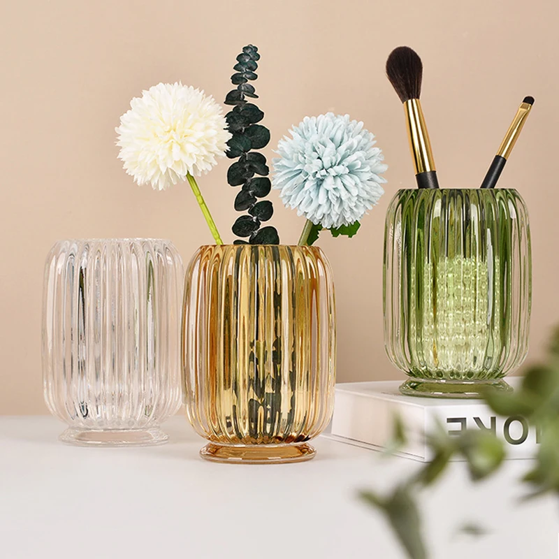 

PEANDIM Nordic Glass Storage Bucket Green Pen Holder Cup Makeup Brush Container Home Desktop Flower Vase Organizer Decoration