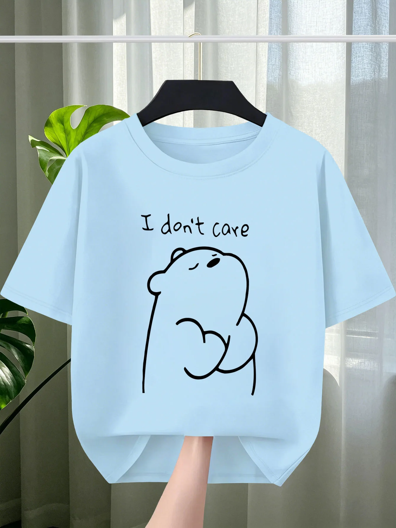 Cute Line Bear I Don T Care Print Graphic Kids Tee Boys Girls Family Matching Cotton Crew Neck Short Sleeve Soft Summer Tee