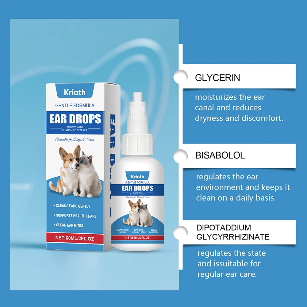 60ml Eye Drops For Dogs Cats Puppies Pet Ear Cleaner Cleaning Tear Stains Dirts Earwax Veterinary Approved, Safe For Daily Use