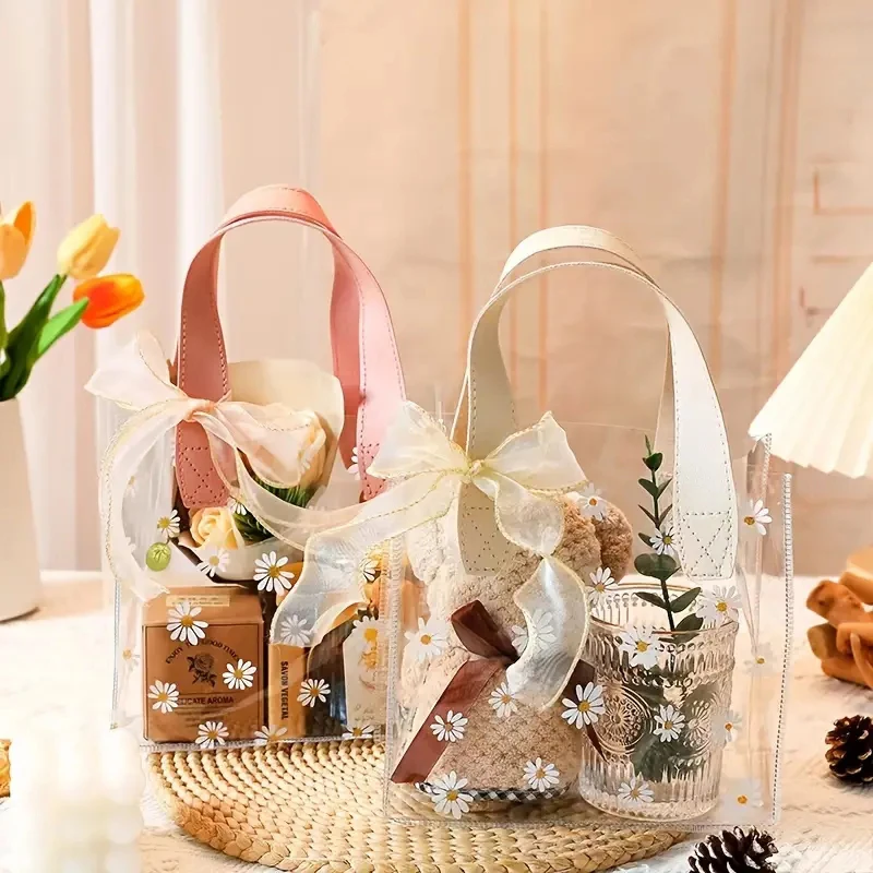 1PC Transparent Small Daisy Handbag Pvc Clear Cosmetic Stationery Bag Wedding Favor Birthday Candy Gift Packaging Party Supplies