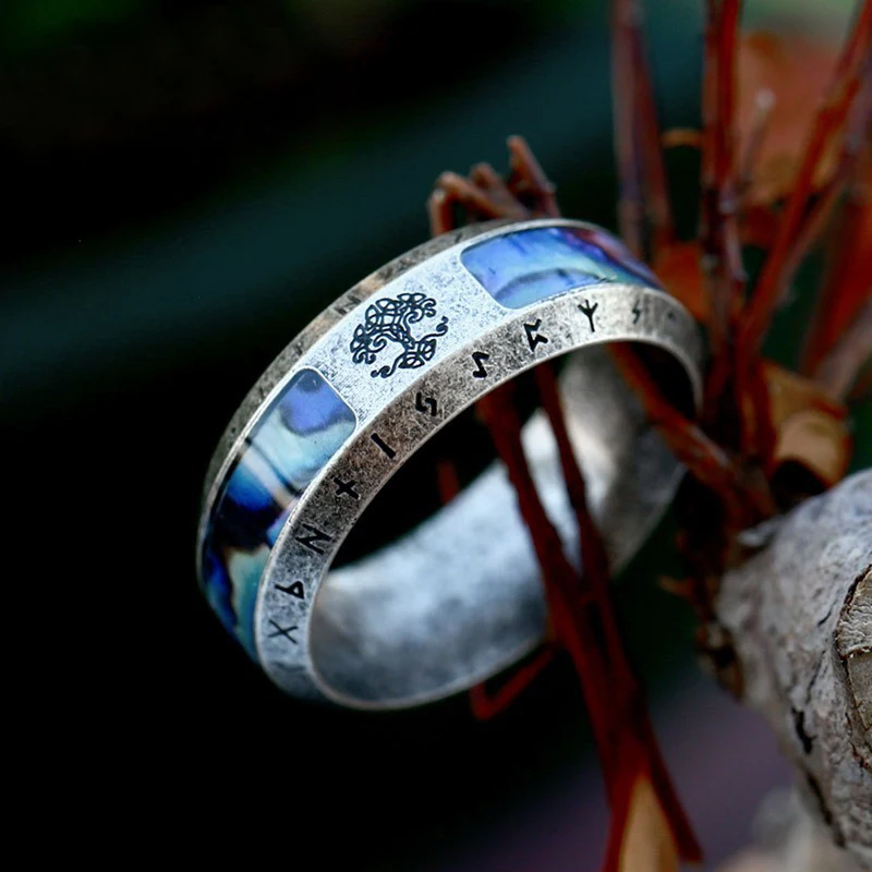 Fashion Viking Tree Of Life Stainless Steel Abalone Shell Rings For Men Odin Norse Viking Rune Rings Retro Amulet Jewelry Gift