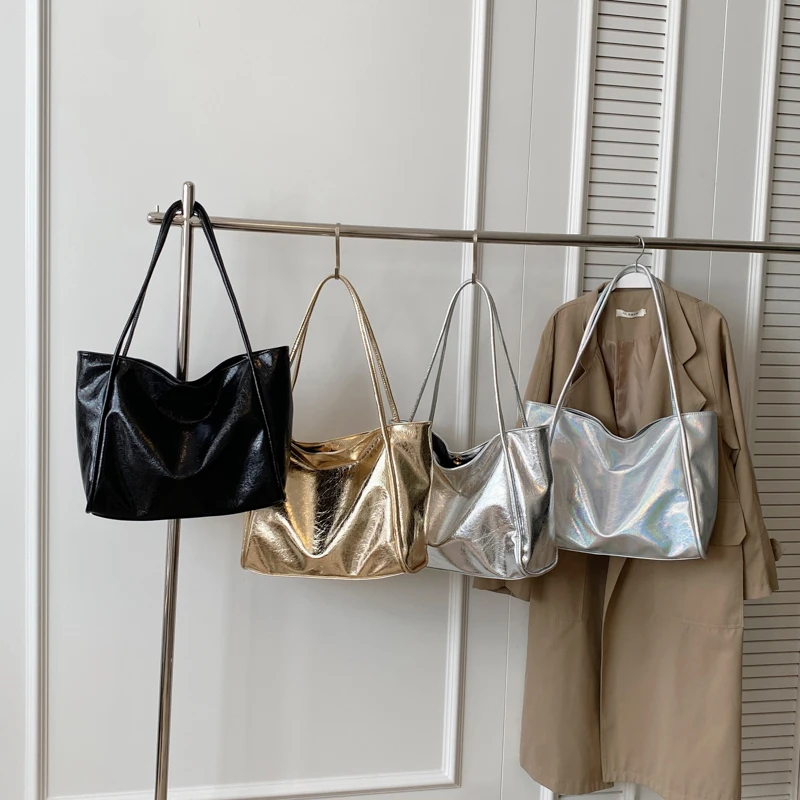 Large Capacity Tote Handbag For Women Gold Silver Soft Leather Shoulder Bag Designer Shopper Bag Female Top Handle Bag Brand 