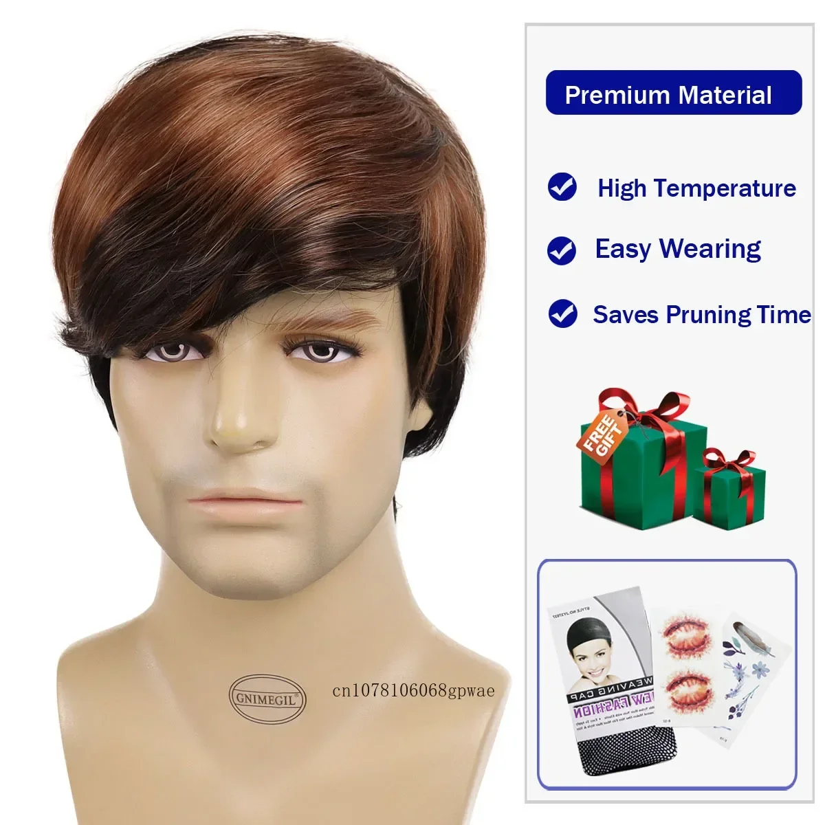 الشعر الاصطناعية براون مزيج شعر مستعار أسود للأزياء الرجال الذكور قصيرة مستقيم شعر مستعار الجانب الانفجارات اليومية تأثيري حلي حزب مقاومة للحرارة