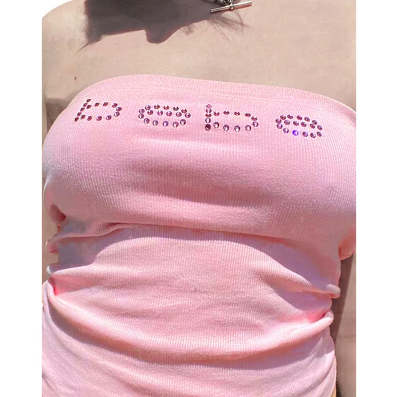 Pink Cute Sleeveless Wrapped Chest Vest Top Rhinestone Print Pattern Short Top Summer Street Sexy Crop Top Female Strapless Tee