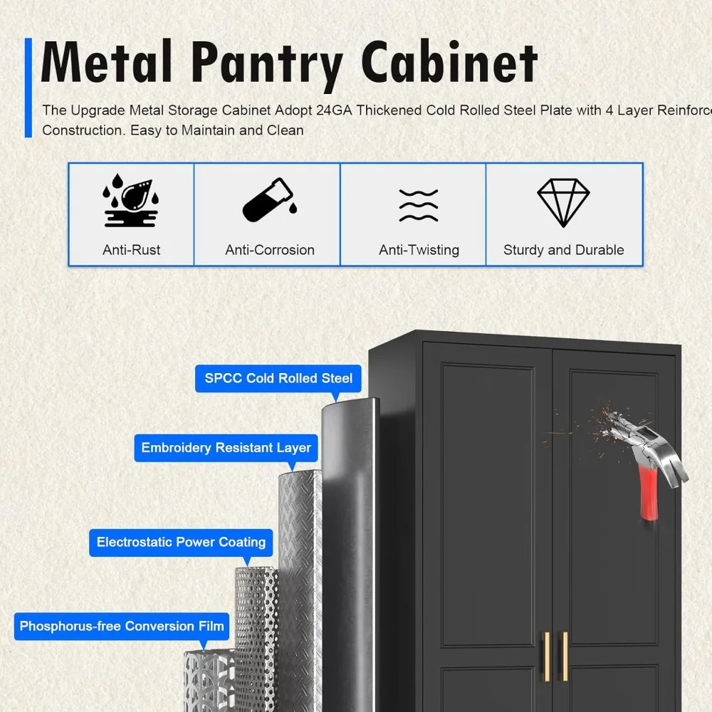 71" Tall Metal Kitchen Cabinet, Freestanding Storage with Doors & Adjustable Shelves, Black Food Cupboard (Assembly Required)