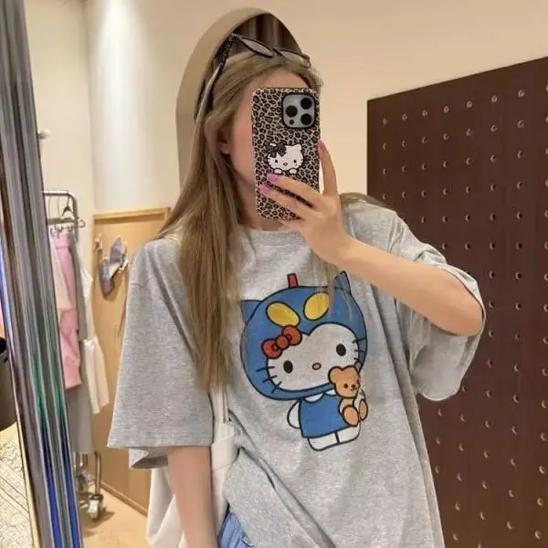 Short Sleeved Hello Kitty Printed T-Shirt Sanrio Women's Summer New Loose Design Versatile Pure Cotton Tops Fun Street Fashion