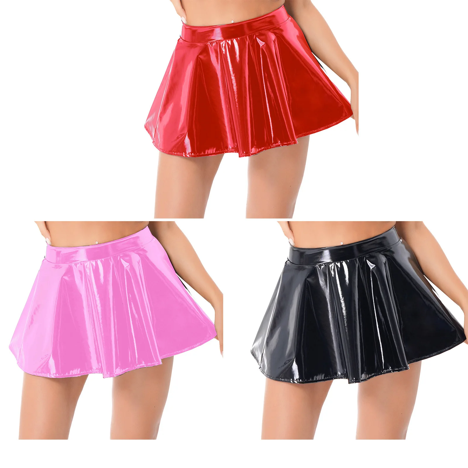 Women Glossy Patent Leather Flared Mini Skirt A Line Pleated Skater Skirt High Waist Clubwear Cosplay Dance Performance Party Co