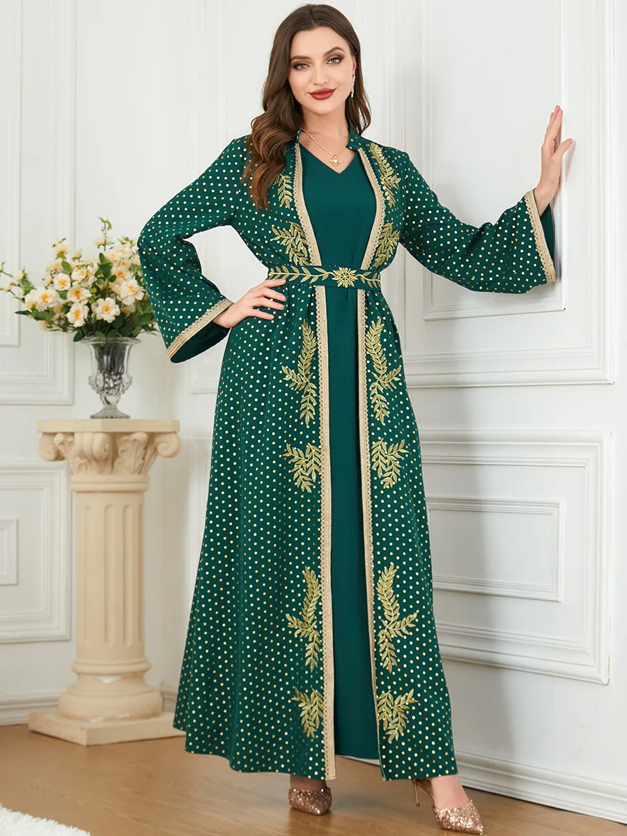 Eid Abaya for Women Print Embroidery Belted Open Abayas 2 Piece Kaftan Ramadan Dubai Muslim Sets Arabic Evening Long Dress Green