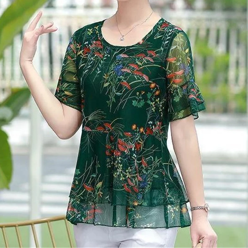 Women Clothes Double Layer Ruffle Floral Print Elegant Blouses Summer Fashion O Neck Short Sleeve Shirts Ladies Slim Tops Blusa