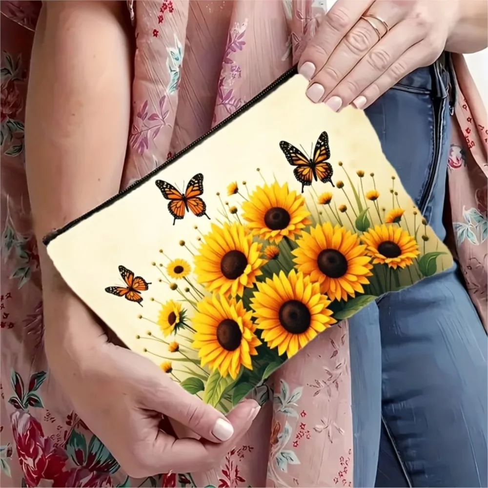 3Pcs Yellow Sunflower Butterfly Pattern Makeup Bag,Double-Sided Design with Zipper Cosmetic Bag, Perfect for Travel,Perfect Gift