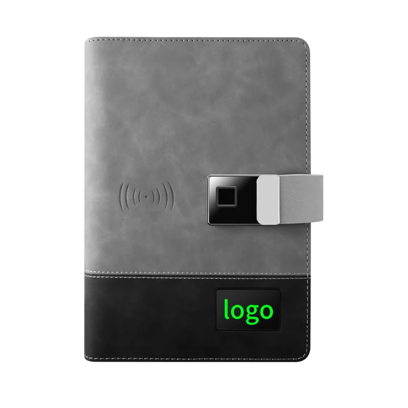 Fingerprint Lock Power Bank Notebook With Wireless Charging 16G Hidden U Disk Office Loose Leaf Diary With LED Logo Pannler