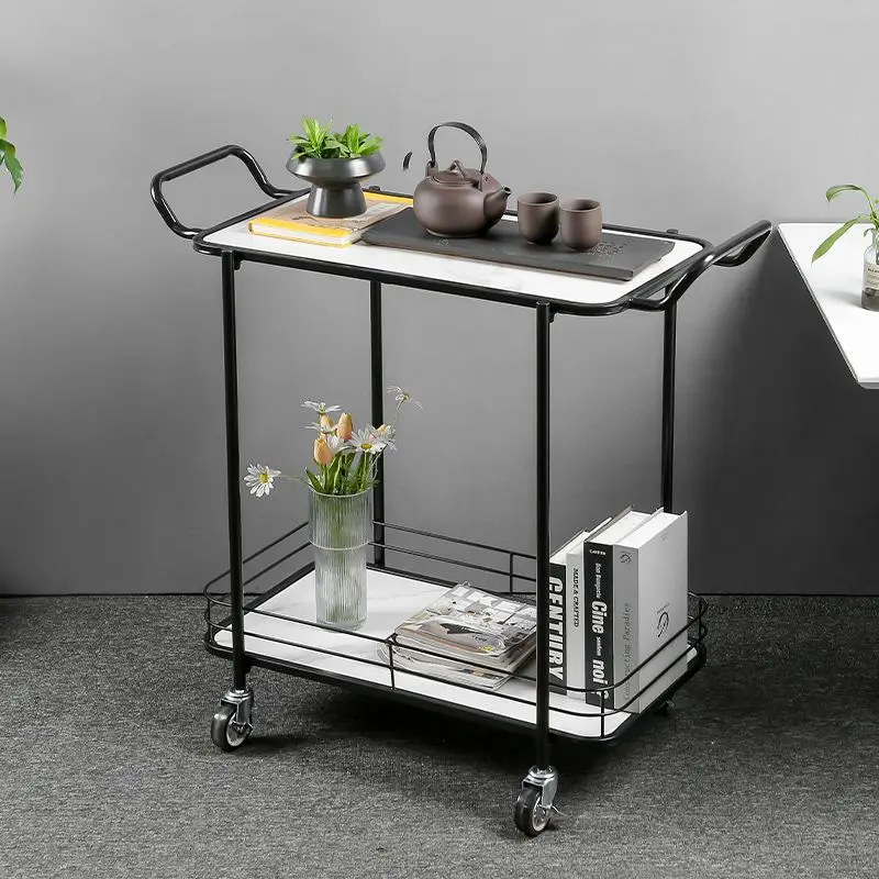 2-Tier Rolling Utility Cart Black Metal Frame White Marble-Patterned Shelves Lockable Wheels Handle Bar For Kitchen Dining Room