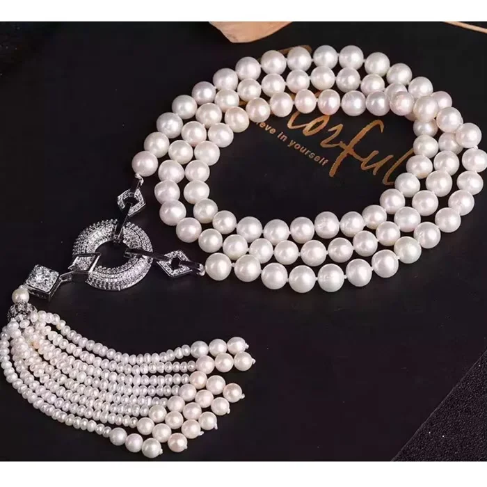 23'' Natural 10mm White Pearl CZ Paved  9-10MM Pearl Long Necklace