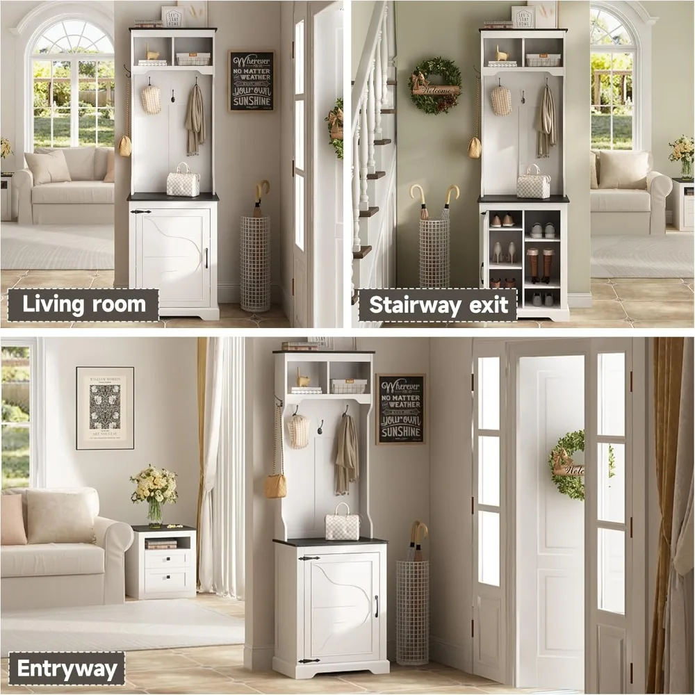 Farmhouse Narrow Coat Rack with Shoe Storage, 6 Shoe Cubbies & 4 Coat Hooks, Hall Tree with Shoe Storage Bench,