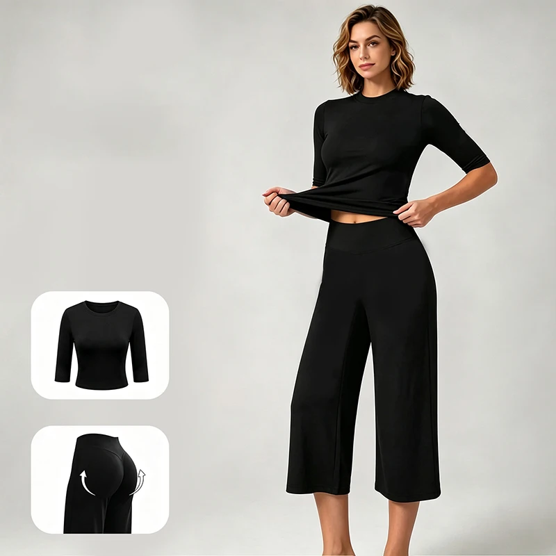 Yoga Suit Womens Tracksuits Sports Outfits Gym Clothes Running Workout Clothes Half Sleeve Sports Capri Pants Athletic Wear 2PCS