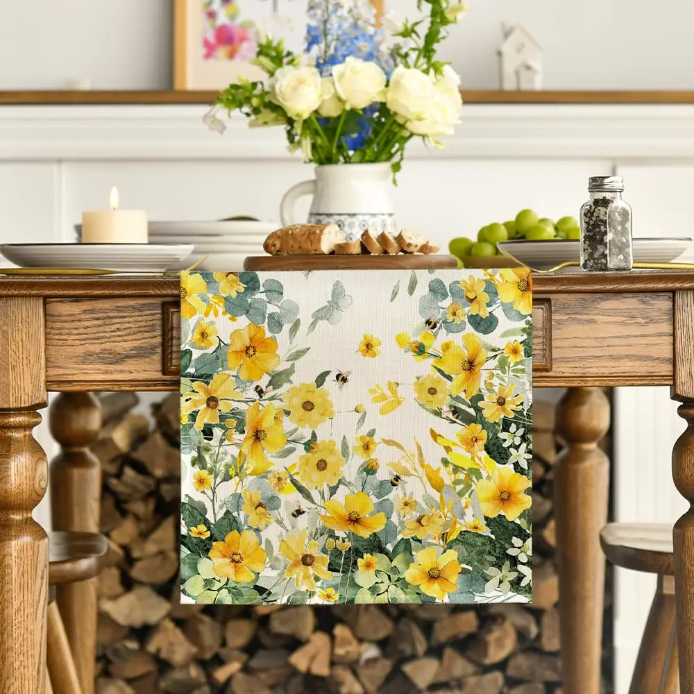

Daisy Eucalyptus Leaves Spring Table Runner,Seasonal Summer Butterfly Kitchen Dining Table Decoration for Home Party Decor