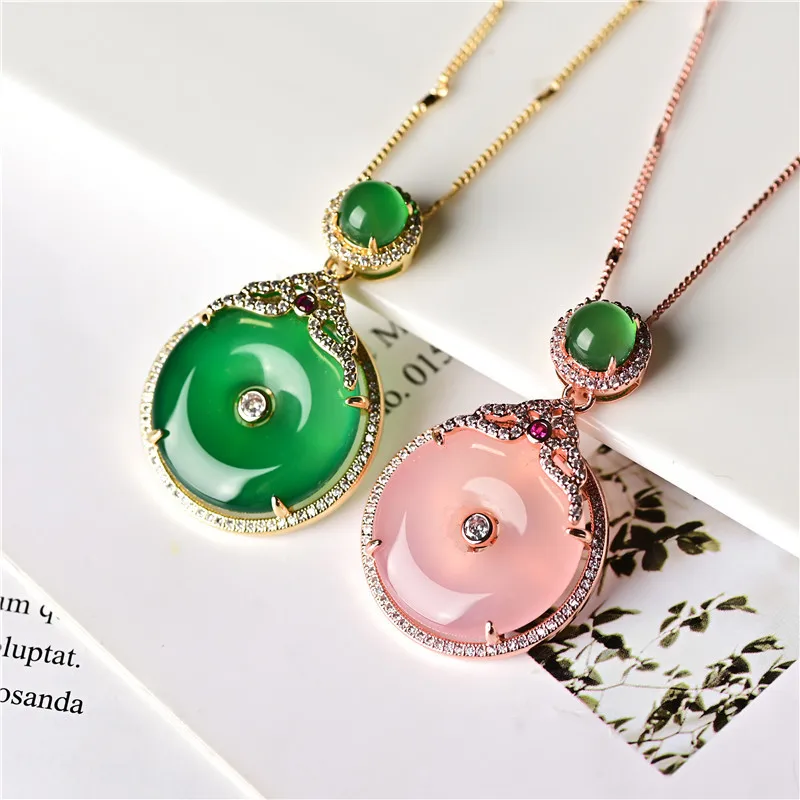 

Ювелирные изделия из нефрита Leap, зеленый халцедон, кулон с пряжкой мира, серебро 925 пробы, инкрустированный ледяным розовым халцедоном, пряжка в виде мира, кулон-цепочка для свитера