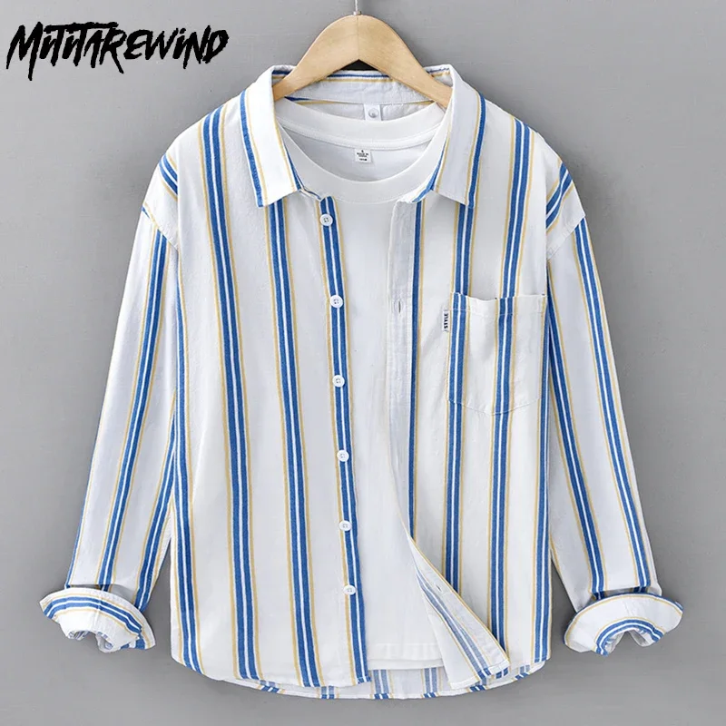 Spring Japan Style Striped Shirt Men Daily Casual Shirts Pure Cotton New in Shirts Lapel Pocket Long Sleeve Man Shirts Youth Top