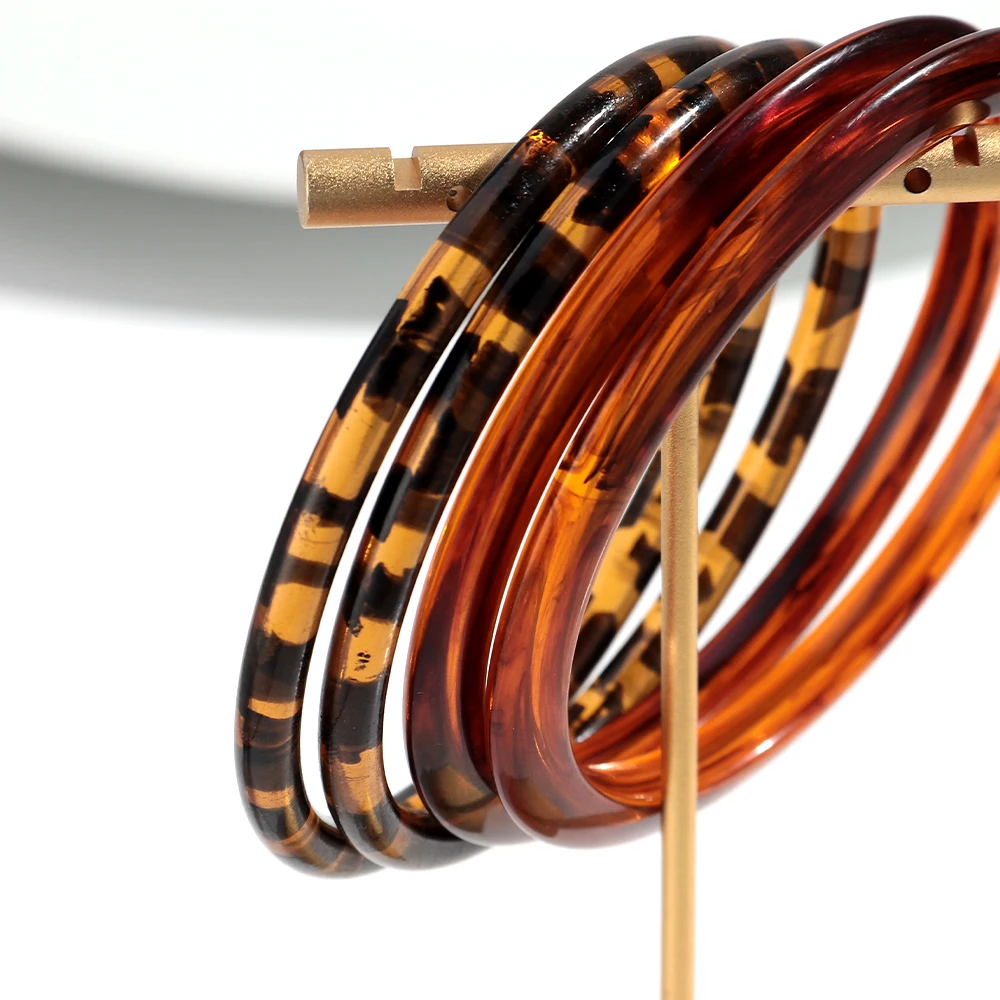 New Amber Leopard Thin Round Acrylic Bangles for Women Statement Resin Geometric Stackable Bracelets Retro Jewelry Gifts view 4