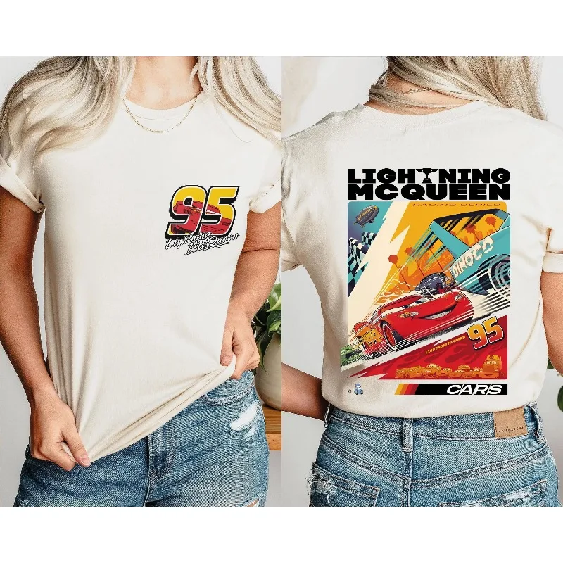 قميص Lightning Mcqueen، تي شيرت Disneyland، سترة Disneyworld، تي شيرت Mcqueen 95، تي شيرت عائلة المملكة السحرية، قميص السيارات