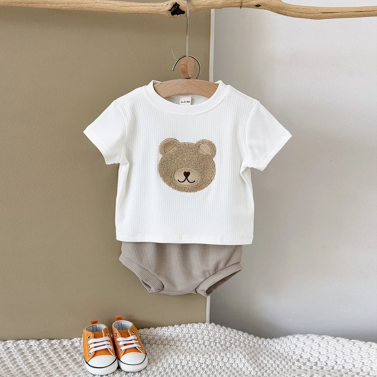Korean Style Summer Short-Sleeved T-shirt Set for Babies 6M-3Y Embroidered Cute Bear Unisex Design Young Children's Clothing