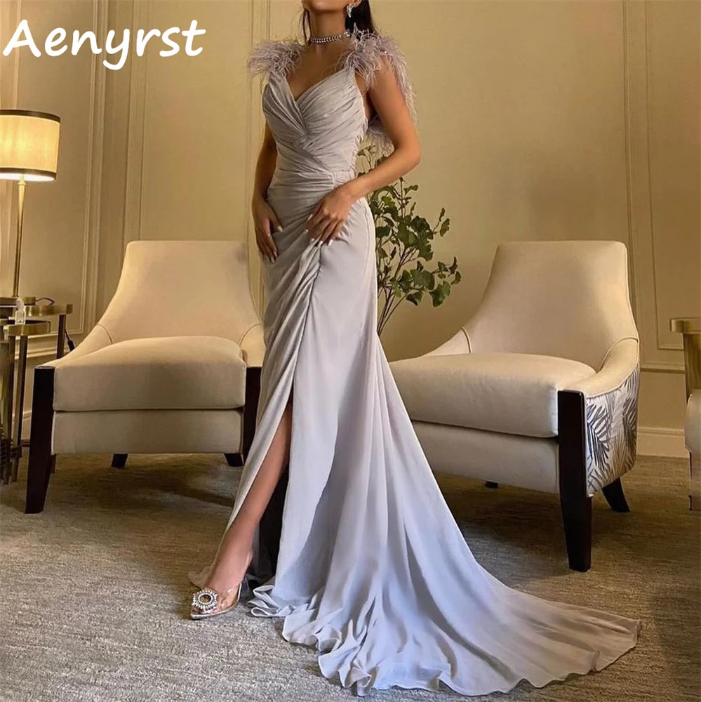 

Aenyrst Elegant V Neck Spaghetti Strap Evening Dresses Feathers Pleated Chiffon Side Split Prom Gowns Floor Length Party Dress