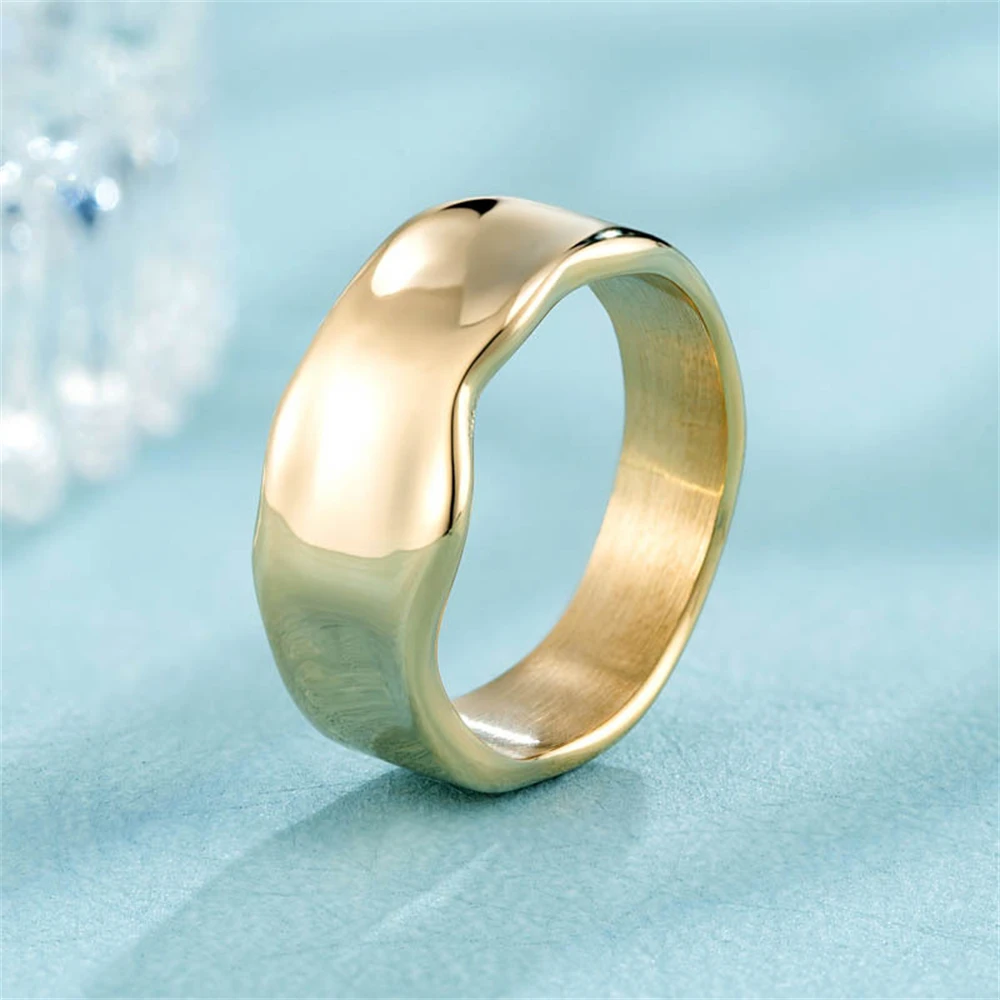 AILINFA High Quality Gold Color Non Fading Irregular Retro Wide Ring 14K Gold Titanium Steel Ring Engagement Wedding Jewelry