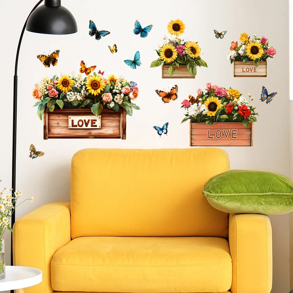 Painted Flower Box Sunflower Butterfly Wall Stickers Bedroom Living Room Wardrobe Furniture Home Decor Window Decals view 3