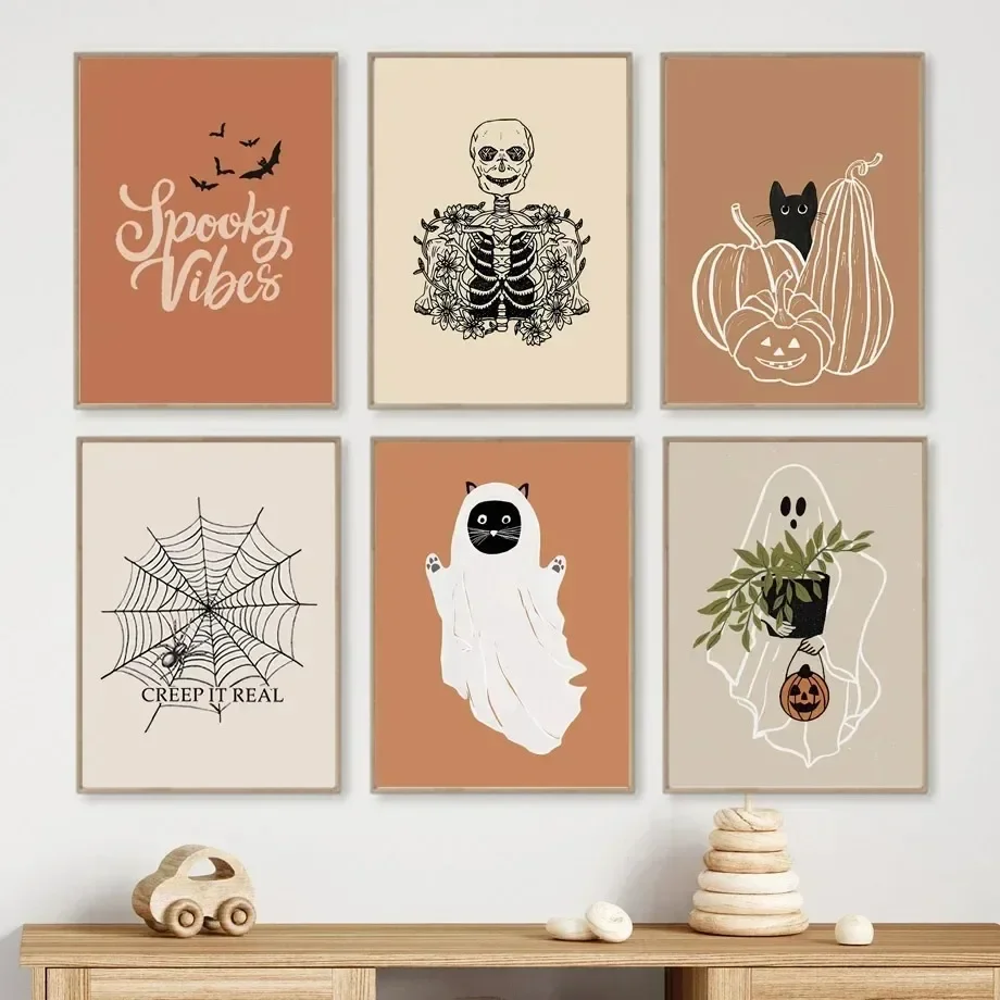 Classic Wall Art Print Poster Plant Ghost Teeth Skull Autumn Mural Halloween Canvas Home Living Room Bedroom Decoration