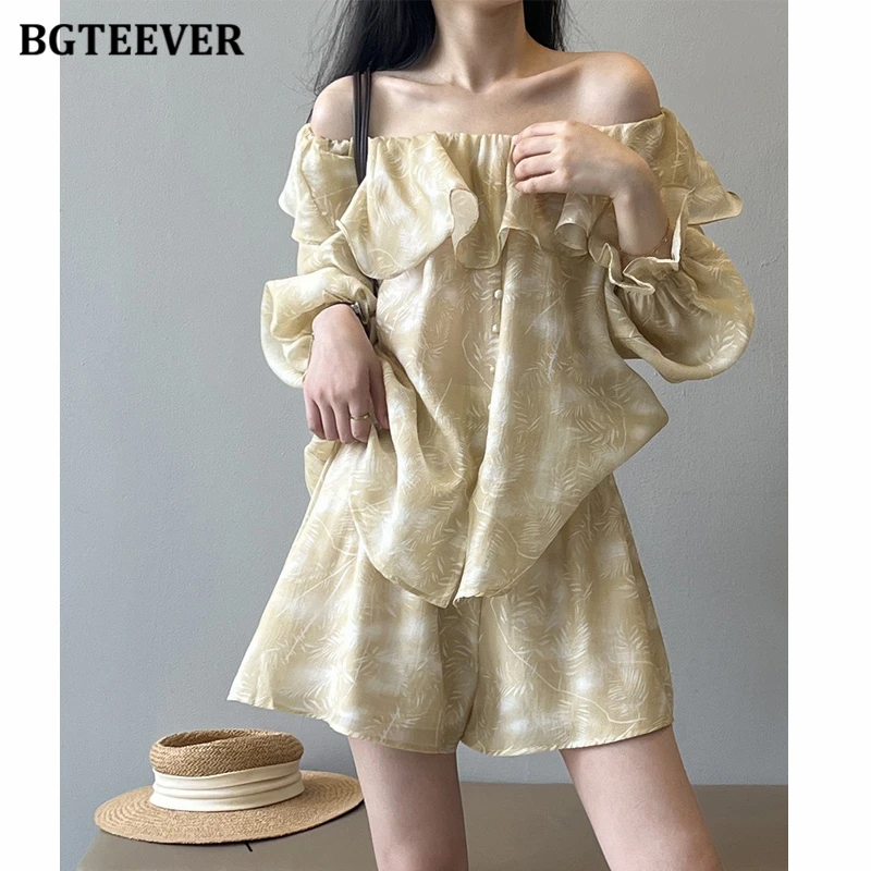 BGTEEVER Summer Loose Stylish Women 2 Pieces Printed Chiffon Sets Long Sleeve Ruffles Slash Neck Blouses Tops & Wide Leg Shorts