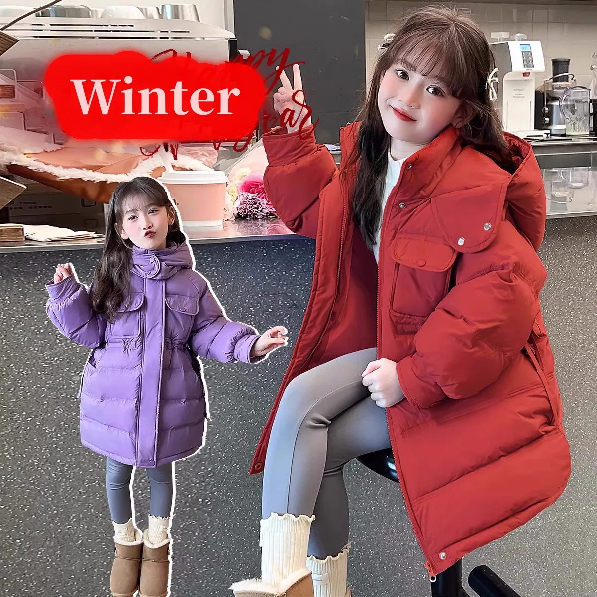 

Winter Warm Girls Stylish Cotton Lined Long Hooded Zip Puff Jacket School Kid Thick Snow Coat Children Outfit Windbreaker 5-16Yr