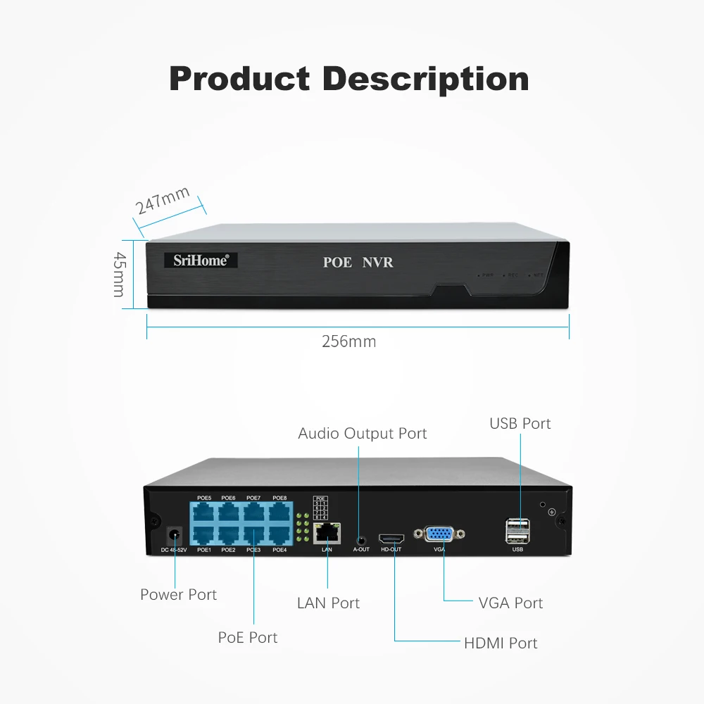 Srihome 4K 8CH POE NVR (1080p/3MP/4MP/5MP/4K) POE Network Video Recorder Surveillance PoE NVR 4/8Channel For On-vif IP HD Camera