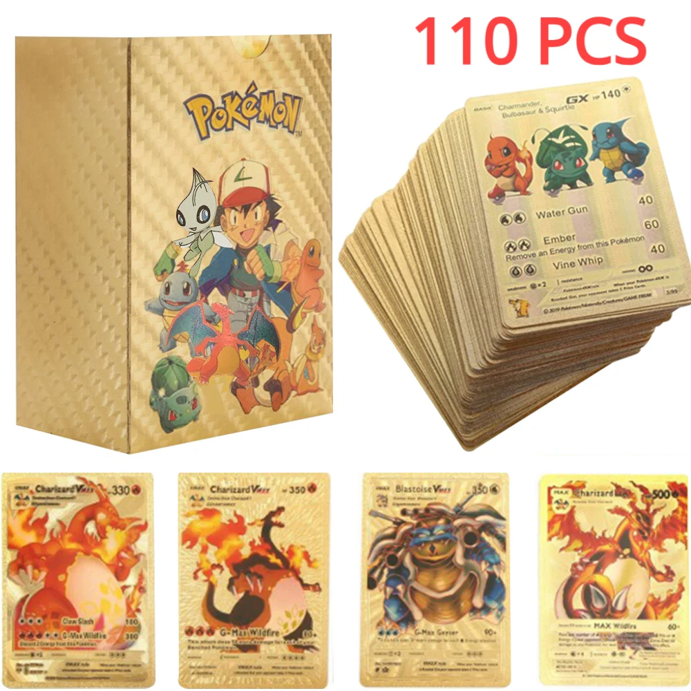 Tarjetas coloridas de lámina dorada de Pokémon, 55 piezas, Charizard, Pikachu, Arceus, arcoíris, inglés, francés, alemán, español, VSTAR GX, VMAX