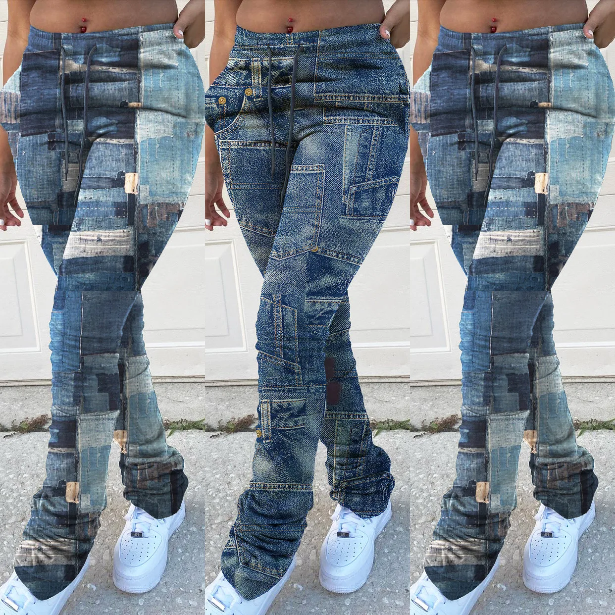 Autumn and winter European and American women\'s clothing leggings plus size imitation denim printed drawstring stacking pants