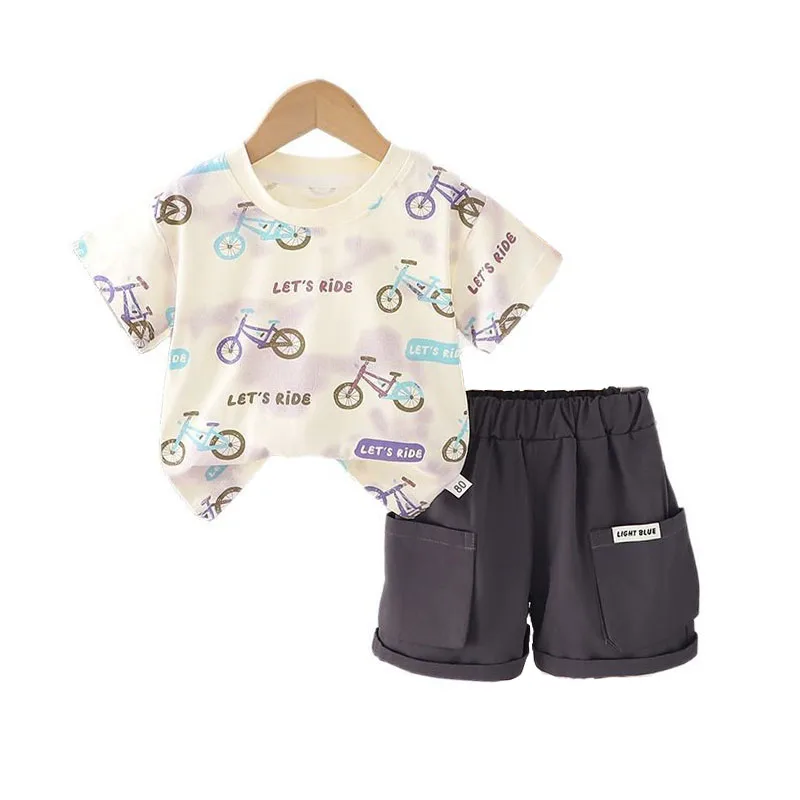 

Fashion Baby Boy Infant Clothes Set 2025 Summer Korean Elegant Bike Printed Short Sleeve T-shirts and Shorts Kids Boys Outfits
