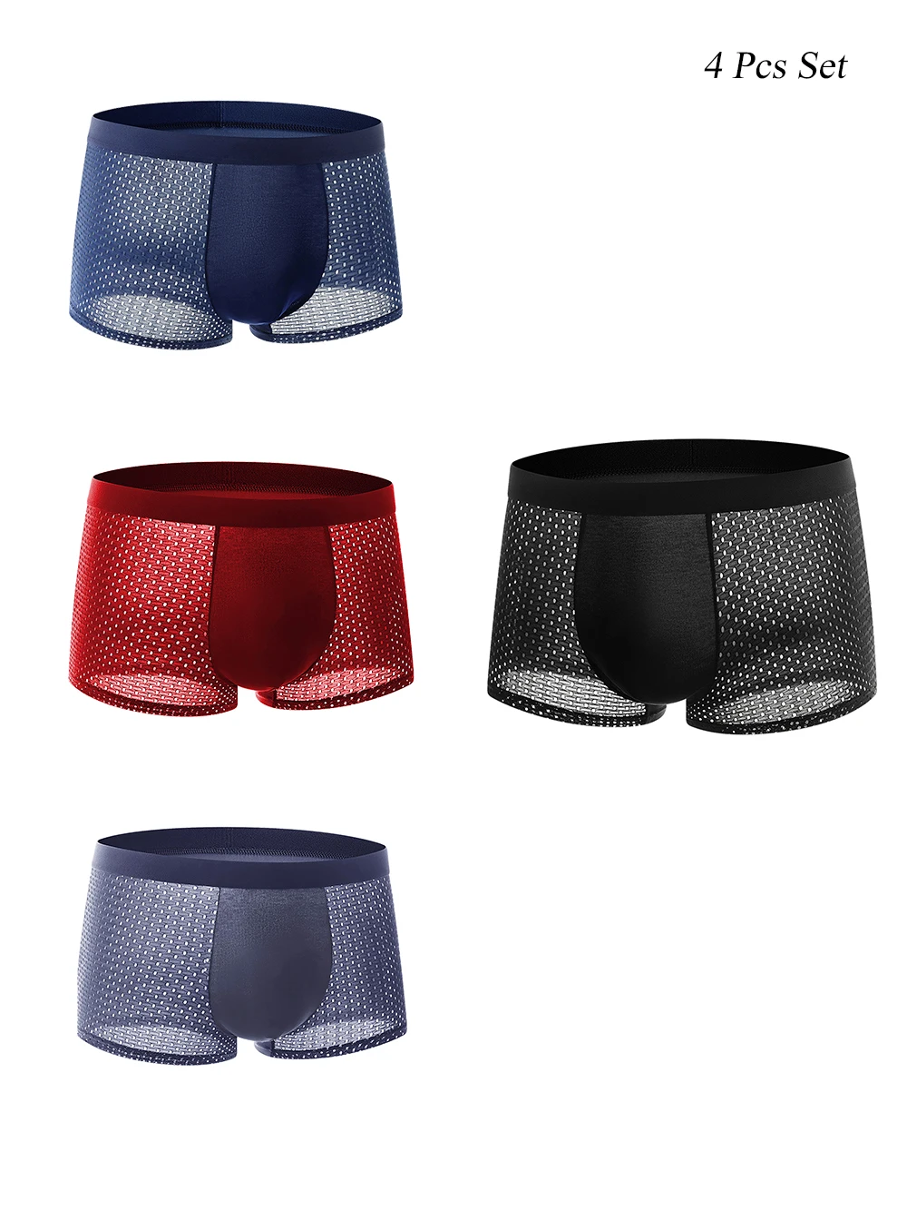 4 Pack Men's Breathable Mesh Boxer Briefs Airflow Side Panels Solid Front Pouch All-Day Comfort Underwear Set