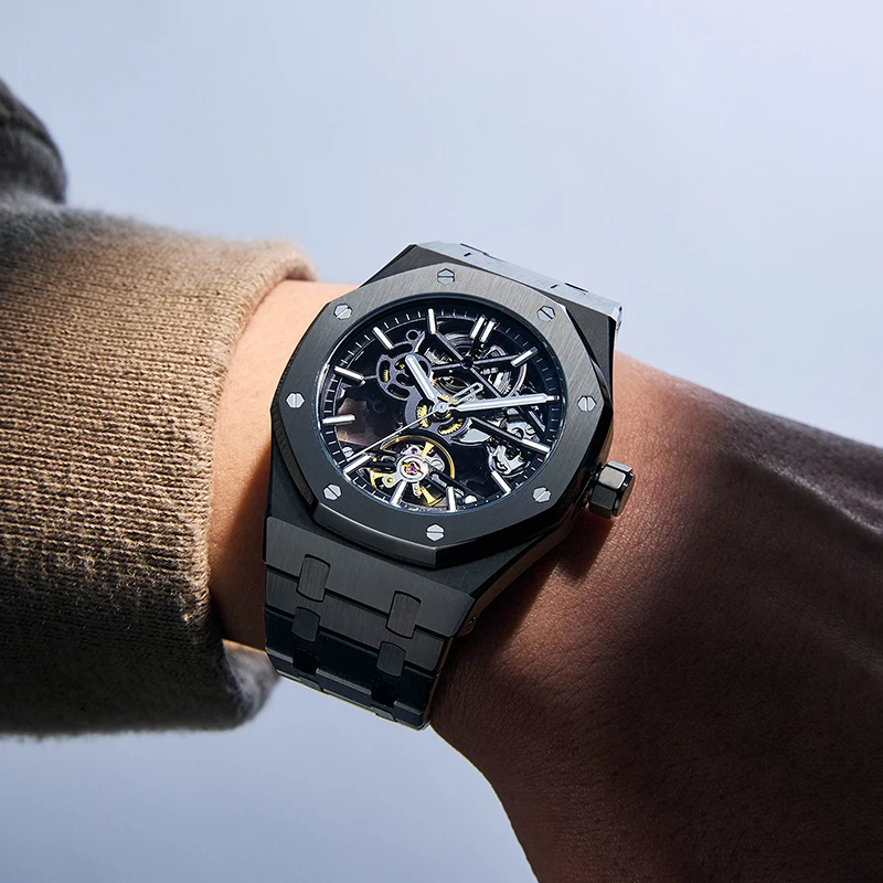 高級自動巻き機械式腕時計、自動巻き中空ムーブメント、ガラス製文字盤、カスタムウォッチデザイン