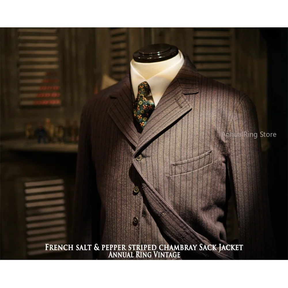 

AnnualRing American Vintage Striped Suit Heavy Pepper Salt French Tooling Jacket Casual Blazers AmeKaji