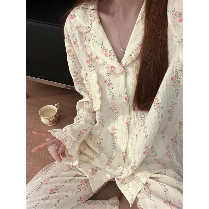 

Floral Women's Pajamas Autumn Sleepwear Korean Piiama Pocket Pants Sets 2 Pieces Night Wears Button Long Sleeve Home Suit 2025