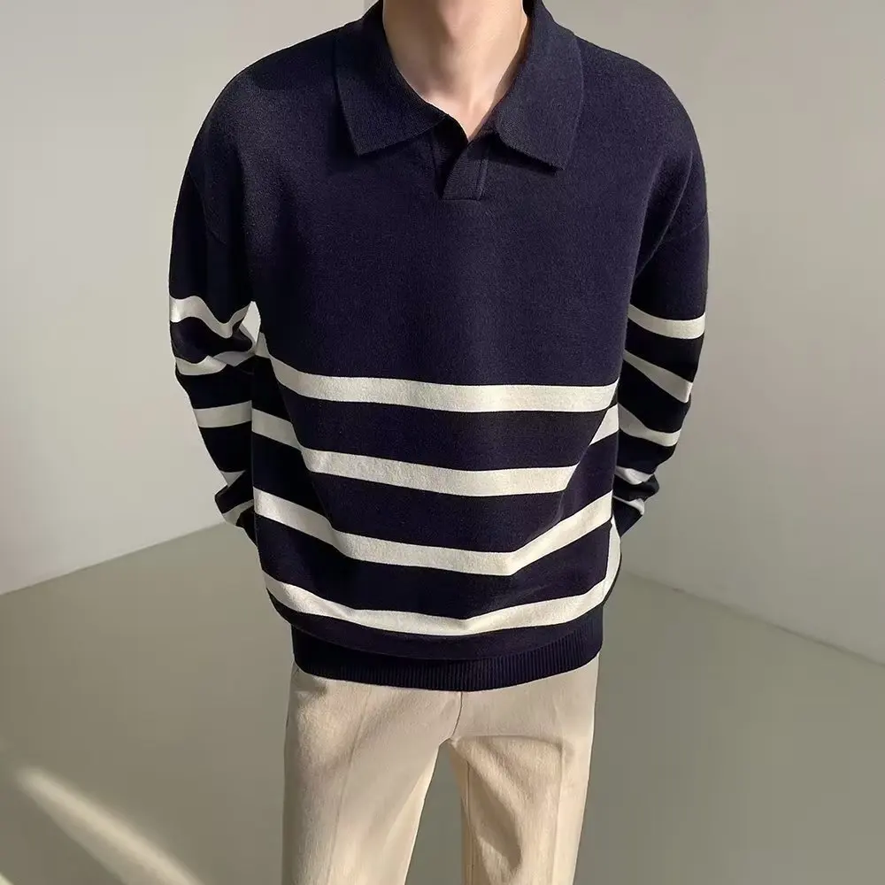 

Fall Shoulder Contrast Striped Lapel Sweater Men's Autumn Korean Style Light Luxury Knitted Sweater Long-sleeved Casual Thread