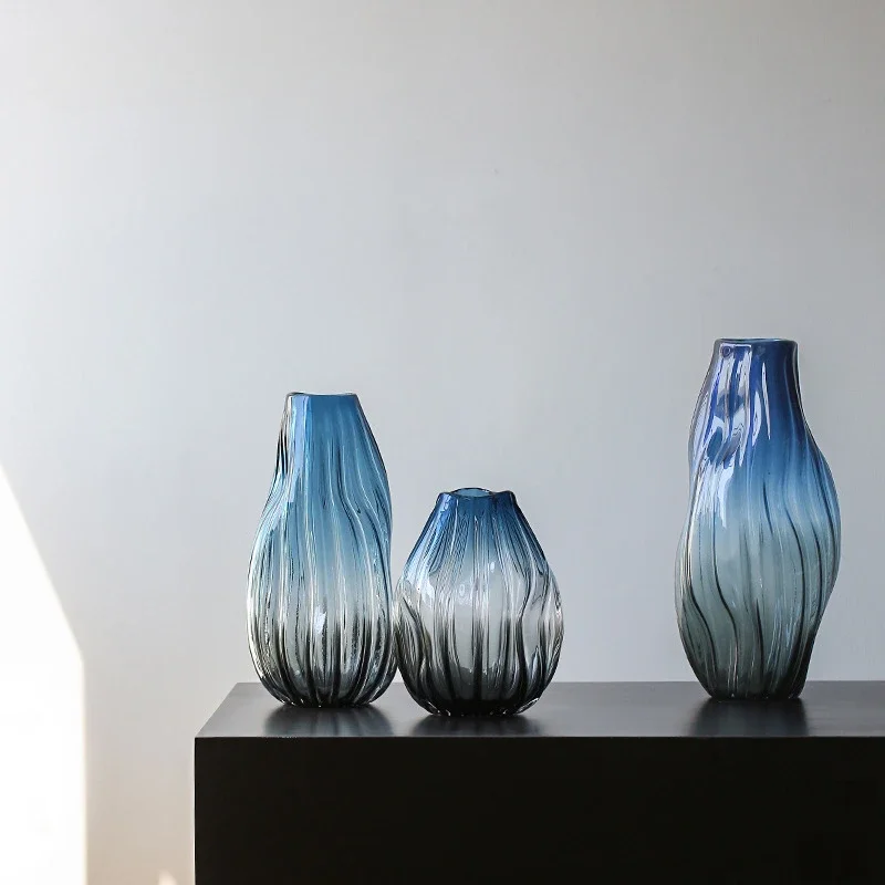 Glacier Blue Striped Small Mouth Twisted Handmade Hydroponic Glass Vase Home Decoration Flower Ware