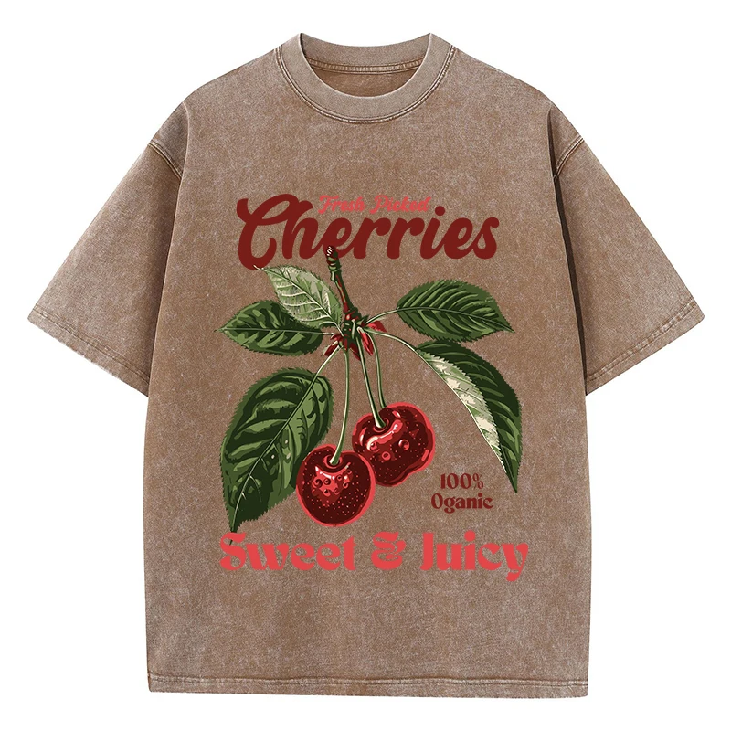 Fresh Picked Cherries Print Men Washed T Shirts Hip Hop Breathable T-Shirt Street Summer Clothes Fashion Distressed Tee Shirts