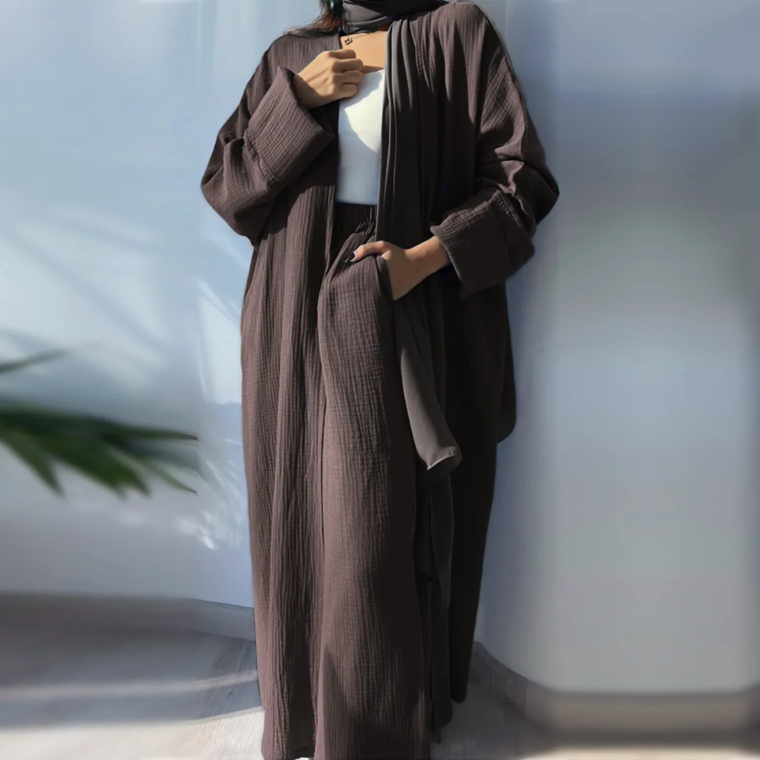 Summer Cotton Open Abaya with Pants Turkey Arabic Muslim Kimono Dress casual Abayas for Women Dubai African Islam Modest Outfit