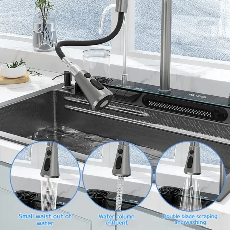 Large Single Bowl Digital Display Stainless Steel Kitchen Sink Modern Household Vegetable Washing Basin Deep Utility Sink for