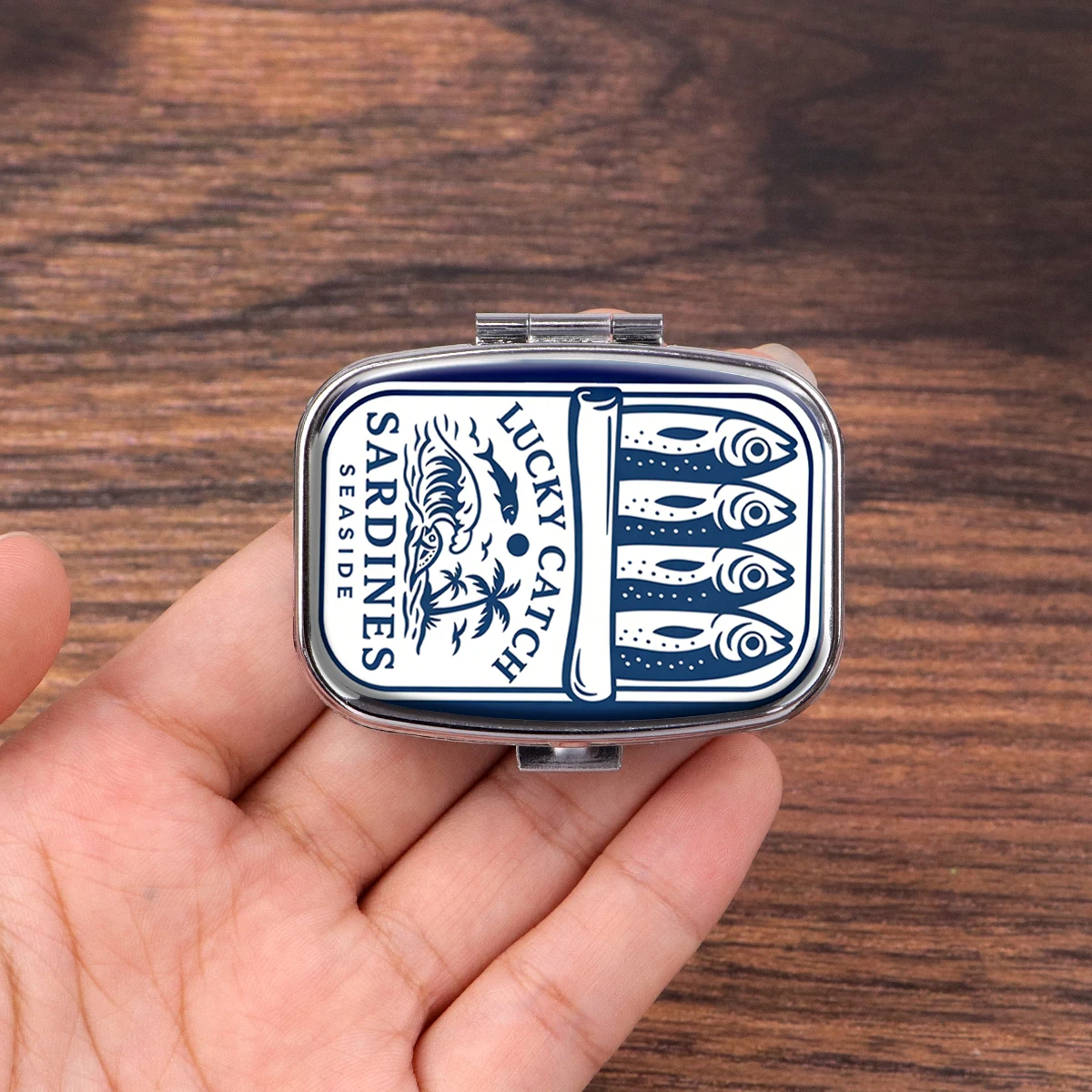 Sardine Can Print Pill Boxes 2 Compartments Metal Medicine Box Portable Travel Decorated Sealed Pill Organizer Container Storage