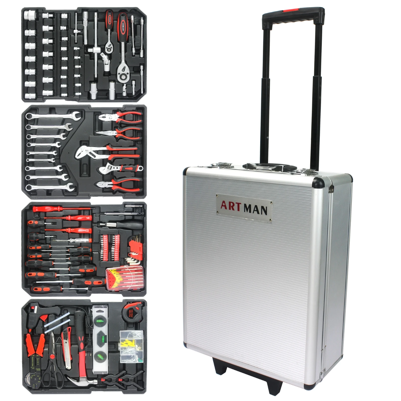 Set di attrezzi da 899 pezzi, kit di attrezzi per la casa con cassetta degli attrezzi rotante, set completo di attrezzi manuali con cassetta degli attrezzi, set di attrezzi per riparazioni auto, bianco