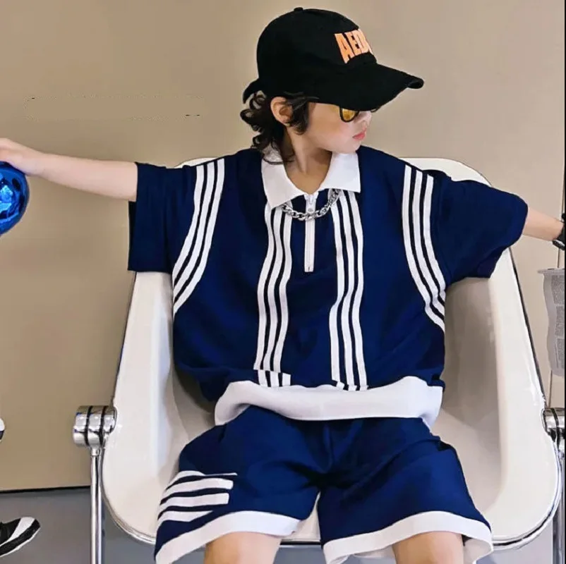 Summer Boys Cotton Loose Striped Half Zip Navy T-Shirt Tops+Shorts Pant Sets School Kids 2PCS Tracksuit Children Outfits 5-16Yr