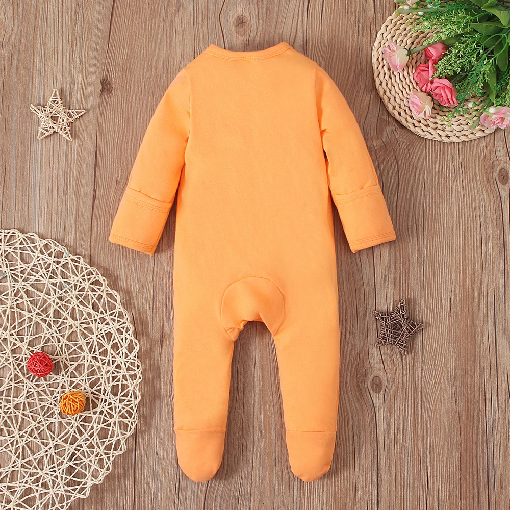 Boys and girls children\'s spring and autumn Halloween solid color pumpkin long-sleeved smiley face jumpsuit romper children&